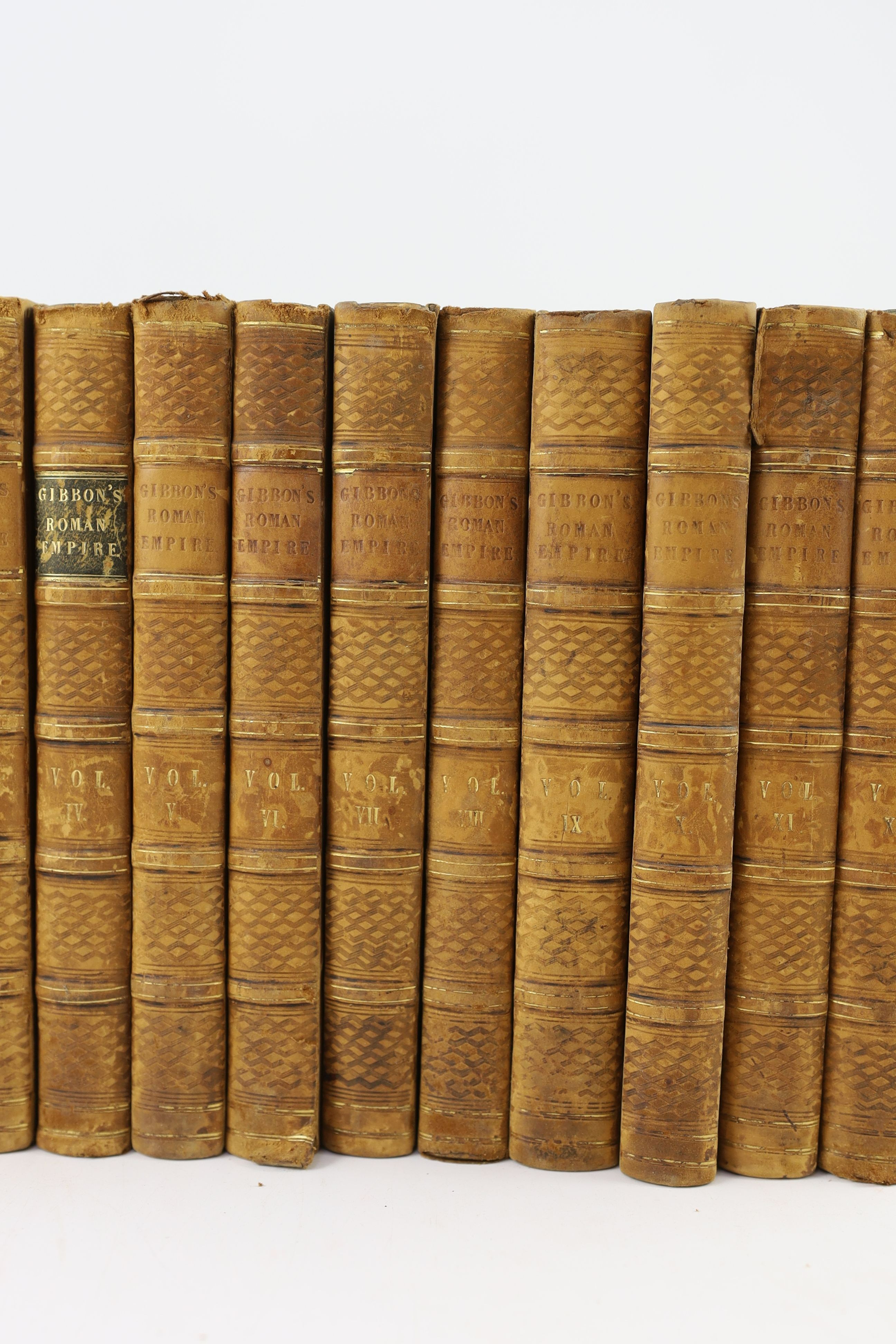 Gibbon, Edward - The History of the Decline and Fall of the Roman Empire, 12 vols, 8vo, half calf, with portrait frontispiece and 2 folding maps, frontis and titles browned, maps spotted, lacking most titling labels, Lon